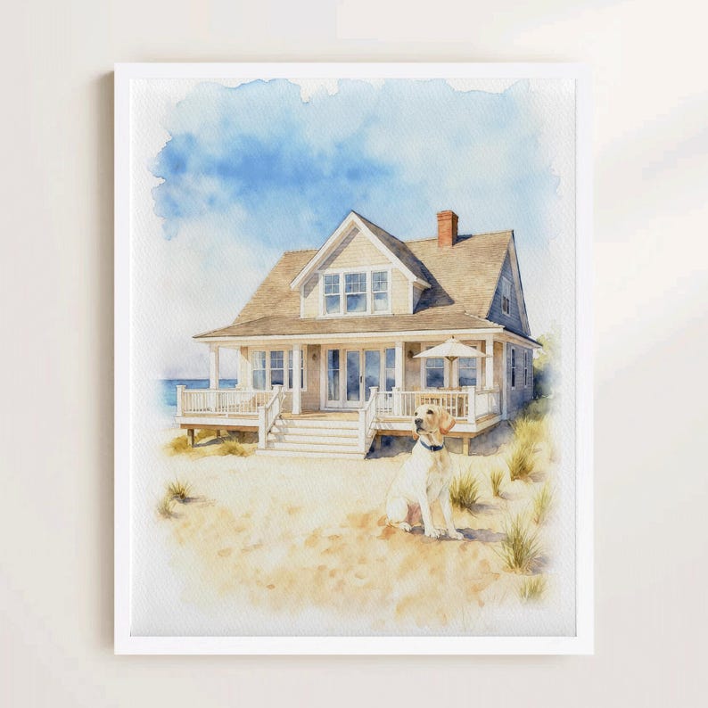May include: Watercolor painting of a beach house with a light yellow exterior, white trim, and a brown roof. A yellow Labrador Retriever sits in the sand in front of the house. The sky is blue with white clouds. The painting is framed in a white border.