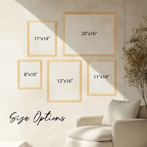 May include: Five framed art prints of varying sizes are displayed on a wall. The sizes are 8"x10", 11"x14", 12"x16", and 20"x16". The text "Size Options" is written in cursive at the bottom. A beige armchair is in the foreground.
