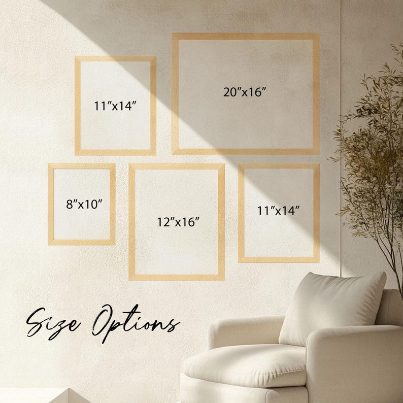 May include: Five framed art prints of varying sizes are displayed on a wall. The sizes are 8"x10", 11"x14", 12"x16", and 20"x16". The text "Size Options" is written in cursive at the bottom. A beige armchair is in the foreground.