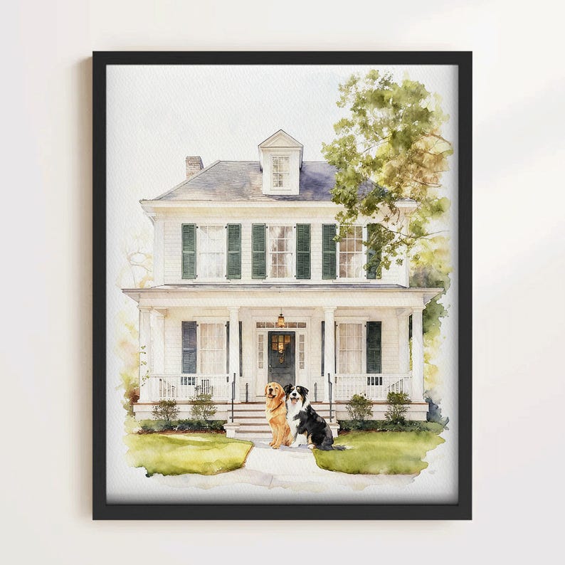 May include: Watercolor painting of a white house with green shutters and a black frame. Two dogs, one golden and one black and white, are sitting on the front walkway. A tree is visible on the right side of the house.