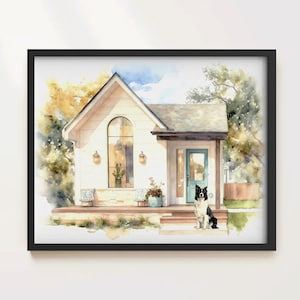 May include: Watercolor painting of a white house with a teal door and a black frame. A black and white dog sits on the front steps. The house has a large arched window and is surrounded by trees and greenery.