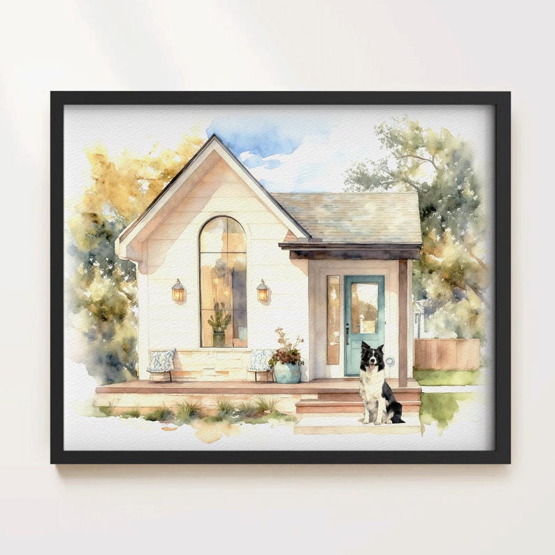 May include: Watercolor painting of a white house with a teal door and a black frame. A black and white dog sits on the front steps. The house has a large arched window and is surrounded by trees and greenery.