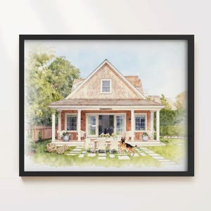 May include: Watercolor painting of a house with a red brick exterior, white columns, and a light brown roof. A table and chairs are set up on the porch. A German Shepherd dog stands on the grass in front of the house. The painting is framed in a black frame.