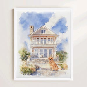 May include: Watercolor painting of a two-story house with a stone chimney, white balcony, and a golden retriever sitting on a stone path. The sky is blue with fluffy white clouds. Green bushes and tall grass surround the house.