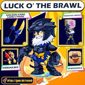 May include: A digital illustration featuring a character in a black and blue armored suit with a white beard and a panther-like helmet. The image includes text that reads "LUCK O' THE BRAWL" and showcases various weapon and character designs.