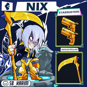May include: Digital illustration of a character named Nix, holding a golden scythe. The character has white hair, purple eyes, and is wearing gold and blue armor. Two golden pistols labeled "Stardusters" and a golden scythe labeled "Interstellar" are also shown.
