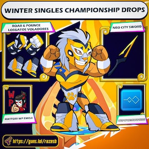 May include: A promotional graphic for the Winter Singles Championship Drops. The image features a character in a yellow and orange tiger-themed outfit, alongside various in-game items like a sword, boots, and gloves. Text includes "ROAR & POUNCE" and "NEO CITY SWORD."