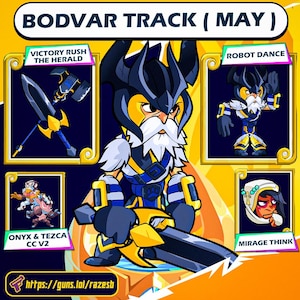 Puede incluir: Un gráfico digital titulado BODVAR TRACK (MAY) que muestra a un guerrero barbudo central con armadura azul y dorada. Los paneles circundantes muestran una espada y un martillo, un personaje bailando, un dúo de mono y cerdo, y un personaje pensativo.