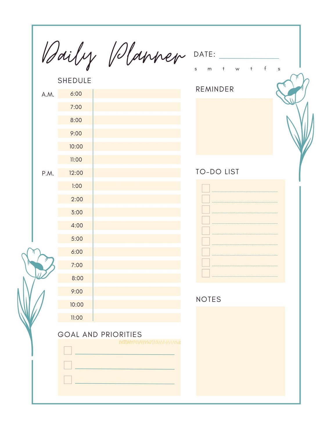 Elegant Daily Planner Printable – Minimalist Floral Schedule, To-do ...