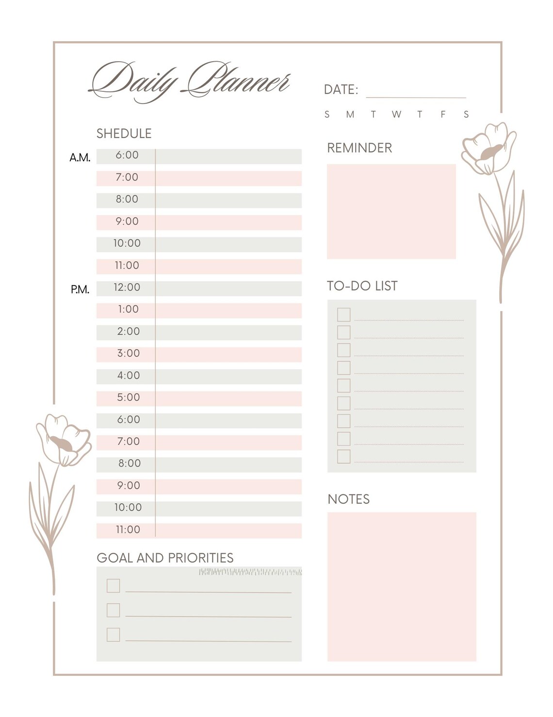 Elegant Daily Planner Printable – Minimalist Floral Schedule, To-do ...