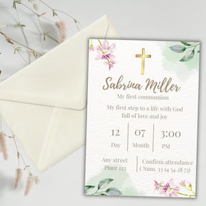 May include: An invitation for Sabrina Miller's first communion. The card features a gold cross, floral accents, and the text "My first communion." The date, time, and location are also included on the invitation.