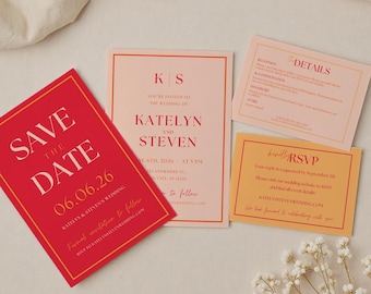 Bold Wedding Invitation Template Suite, Modern Pink & Orange Canva Bundle Set, Colorful Editable Invite, Save the Date, RSVP, Details Cards