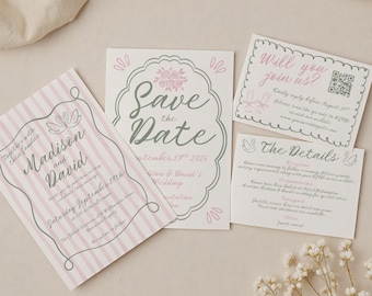 Plantilla de invitación de boda original, invitación de boda estilo cottagecore en rosa y verde, paquete de plantillas de Canva para bodas en jardines, garabatos románticos.