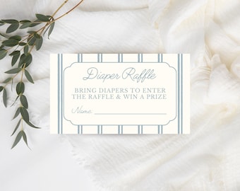 Printable Diaper Raffle Card Template – Editable Canva Template | Boy Blue Striped Baby Shower Invite Insert, Elegant Diaper Request Ticket