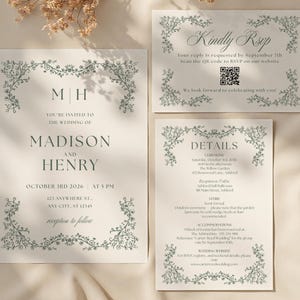 Puede incluir: Juego de papelería de boda con un diseño floral verde. La invitación anuncia la boda de Madison y Henry el 3 de octubre de 2026 a las 17:00 horas. La tarjeta de confirmación de asistencia solicita respuesta antes del 7 de septiembre e incluye un código QR.