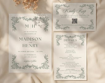 Plantillas de invitación de boda de Green Ivy, paquete minimalista y elegante de Canva con invitación editable para guardar la fecha, código QR de confirmación de asistencia y tarjeta de detalles.