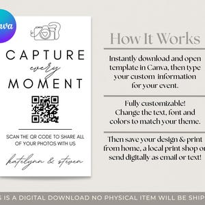Puede incluir: Una plantilla digital con el texto "CAPTURE every MOMENT" y un c&oacute;digo QR. El dise&ntilde;o incluye instrucciones sobre c&oacute;mo personalizar e imprimir la plantilla. El logotipo de Canva est&aacute; en la esquina superior izquierda.