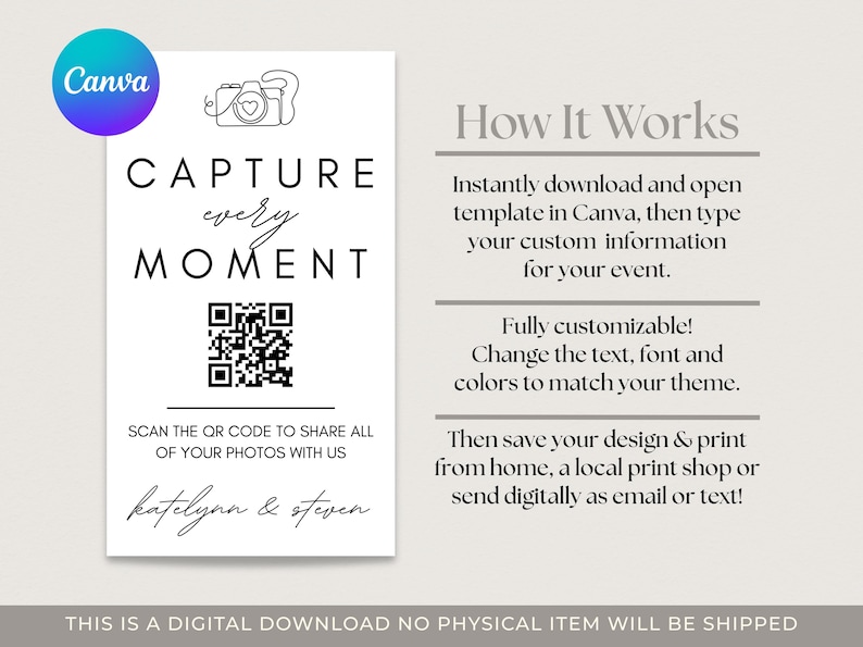 Puede incluir: Una plantilla digital con el texto "CAPTURE every MOMENT" y un c&oacute;digo QR. El dise&ntilde;o incluye instrucciones sobre c&oacute;mo personalizar e imprimir la plantilla. El logotipo de Canva est&aacute; en la esquina superior izquierda.