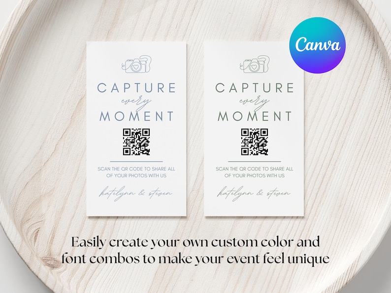 Puede incluir: Dos tarjetas blancas con el texto "CAPTURE every MOMENT" y un c&oacute;digo QR. Debajo del c&oacute;digo QR est&aacute; el texto "SCAN THE QR CODE TO SHARE ALL OF YOUR PHOTOS WITH US". El logotipo de Canva est&aacute; en la esquina superior derecha.