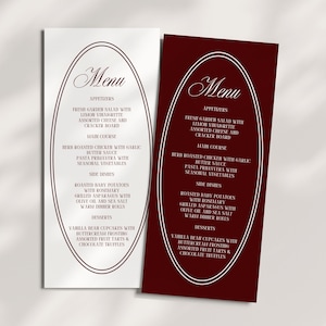 May include: Two menu cards, one white and one burgundy, with an oval frame design. The menus list appetizers, main courses, side dishes, and desserts. The text includes dishes like herb roasted chicken and vanilla bean cupcakes.