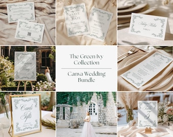 Paquete de plantillas para bodas Green Ivy, elegante y minimalista, en Canva. Incluye tarjetas editables para reservar la fecha, confirmación de asistencia con código QR, tarjeta de detalles y descarga instantánea.