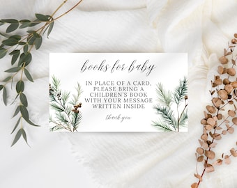 Może przedstawiać: Biała karta z napisem "books for baby" w eleganckiej czcionce. Karta zachęca gości do przyniesienia książki dla dzieci zamiast kartki, z botanicznymi ilustracjami zieleni.