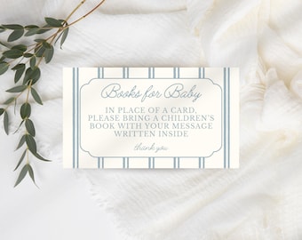 Printable Books for Baby Card Template – Editable Canva Template | Boy Blue Striped Baby Shower Invite Insert, Elegant Book Request Card