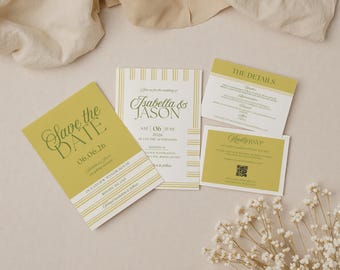 Citrus Wedding Invitation Template Suite, Yellow Green Bold Color Canva Bundle Set with Editable Save The Date, QR Code RSVP & Detail Card