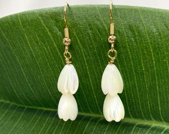 Carved Mother of Pearl Double Jasmine, Sampaguita, Pikake Flower Earrings – Handmade Dangle Jewelry