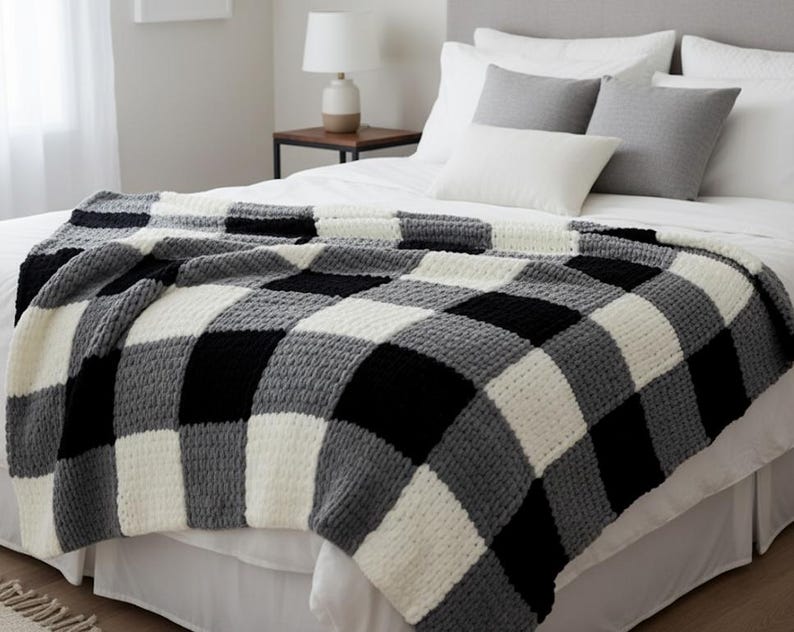 CHUNKY Black Checked Blanket Crochet Pattern PDF | Modern Throw ...