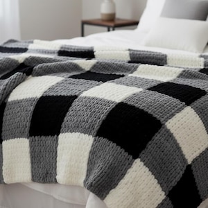 CHUNKY svartrutig filt virkmönster PDF | Modern pläd | Buffalo Rutig Gingham Afghansk mönster | Erfaren skicklighet digital nedladdning