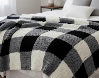 CHUNKY Black Checked Blanket Crochet Pattern PDF | Modern Throw | Buffalo Plaid Gingham Afghan Pattern | Experienced Skill Digital Download