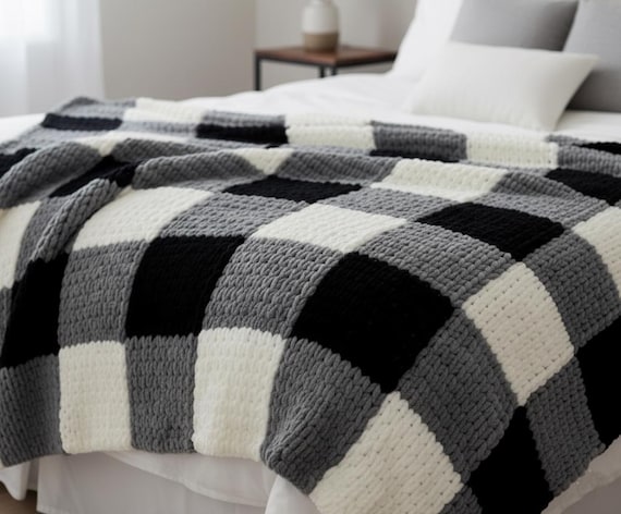CHUNKY Black Checked Blanket Crochet Pattern PDF | Modern Throw | Buffalo Plaid Gingham Afghan Pattern | Experienced Skill Digital Download