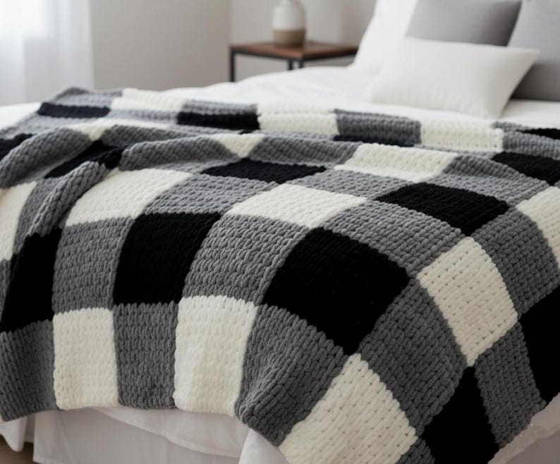 CHUNKY Black Checked Blanket Crochet Pattern PDF | Modern Throw ...