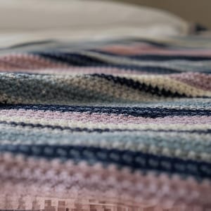 May include: Close-up of a knitted blanket with horizontal stripes in shades of blue, pink, and cream. The blanket has a textured appearance and is likely made of soft yarn. The overall theme is cozy and comfortable.