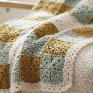 May include: A crochet blanket featuring a repeating pattern of square motifs in alternating colours of mustard yellow, sage green, and cream. The textile is constructed from yarn with a visible stitch texture, creating a soft, layered appearance.