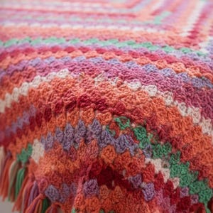 May include: A handmade, colorful crochet blanket with a fringed edge. The blanket features a vibrant mix of red, orange, pink, purple, green, and white yarn, creating a textured, geometric pattern. The fringe adds a decorative touch.