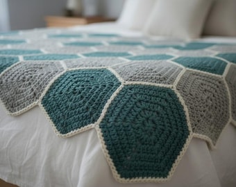 Patrón de ganchillo para manta con flores hexagonales, patrón hexagonal, manta de ganchillo, flor de ganchillo, agarradera de ganchillo, abuela, descarga fácil en PDF