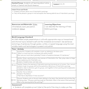 May include: A lesson plan titled "Lesson Plan" with the date 10/10/25. The lesson focuses on Latinx artists in Central and South America, specifically Frida Kahlo's paintings. Includes learning objectives, activities, and assessment details.