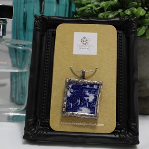 Handmade Broken China Pendant – Upcycled Blue & White Square Necklace – Sterling Silver Solder Frame Jewelry