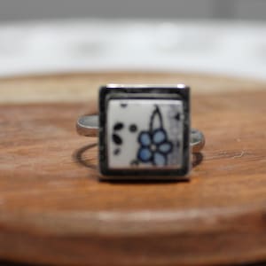 Blue Floral Broken China Ring: Adjustable Upcycled Jewelry