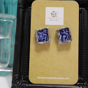 Blue Willow China Stud Earrings: Upcycled Pottery, Silver Solder