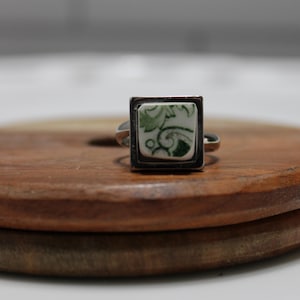 Adjustable Broken China Ring: Green Floral Upcycled Jewelry