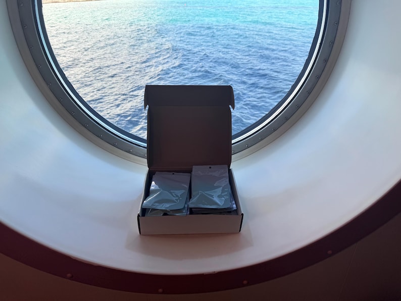 May include: A small, rectangular, open cardboard shipping box containing several flat, sealed, silver-toned metallic pouches. The box is positioned upright, displaying its interior contents clearly, with a clean, white exterior finish.
