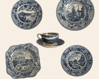 Vintage Johnson Brothers Stagecoach Plates & Bowls | Blue
