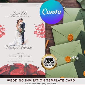Red and Grey Wedding Invitation | Elegant Modern Invite Template | Printable or Printed Wedding Card | Editable RSVP Included
