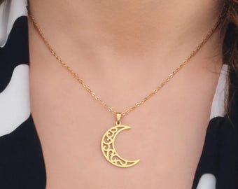 ホロウムーンペンダントネックレス、天体ジュエリー、ゴールドまたはスチール