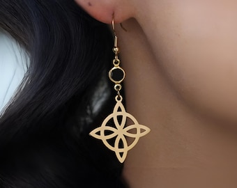 魔女ノットイヤリング、スターリングシルバー、金メッキ、異教ジュエリー