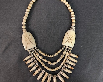 Vintage 1960s Carved Bone Bib Necklace Southwestern Boho 4 Strand 18"