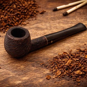 May include: A dark brown tobacco pipe with a textured bowl and a smooth, black stem. The pipe is surrounded by loose tobacco and two matches on a wooden surface. The pipe has a silver band near the stem.